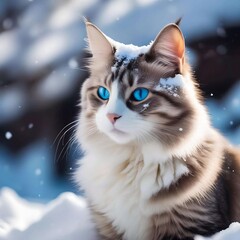 Fototapeta premium A close-up cat with fluffy fur and expressive blue eyes. Snowflakes fall on her face.The ears are decorated with lush 