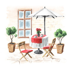 Fototapeta na wymiar Summer cafe. Table, umbrella and chairs near the house with window, Watercolor hand drawn illustration isolated on white background