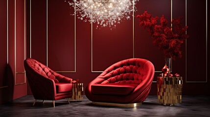 A red and gold luxury armchair adds glamour to a sparkling room, radiating opulence and sophistication.
