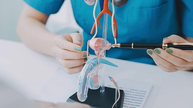 Doctors are counseling prostate cancer patients and using model of the penis to provide an example for prostate cancer patients about future symptoms and treatments. Prostate cancer treatment concepts