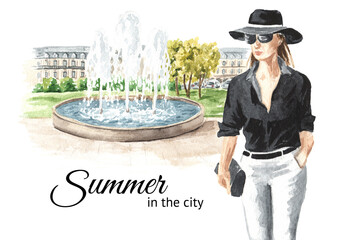 Obraz na płótnie Canvas Young woman walks in the public park near the fountain, Watercolor hand drawn illustration isolated on white background