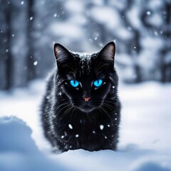 Fototapeta premium A close-up cat with fluffy fur and expressive blue eyes. Snowflakes fall on her face.The ears are decorated with lush 