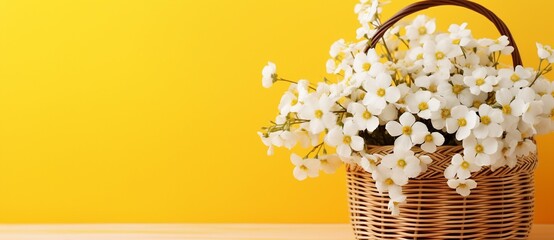 Title: Vibrant Spring Blossoms in Basket on Yellow Background.
