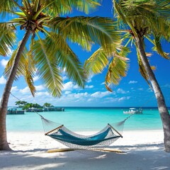 Hammock between palm trees at the beach on Grand Bahama Island.