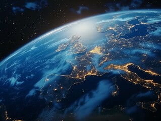View of Earth showcasing city lights and continents against the darkness of space.