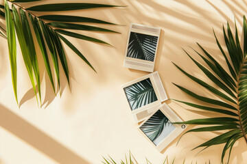 top view of wooden frames with tropical palm leaves on beige background - obrazy, fototapety, plakaty