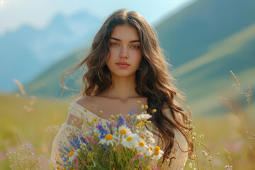 Portrait of a young beautiful girl with a bouquet of wildflowers in the field.