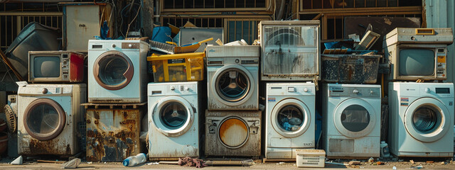 A jumble of discarded washing machine, critiquing the throwaway culture in tech consumerism - obrazy, fototapety, plakaty