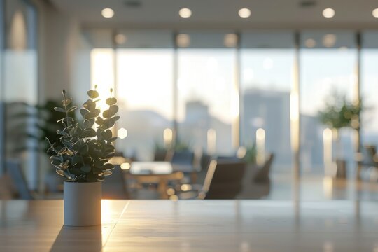Blurry office interior with plant on the desk
