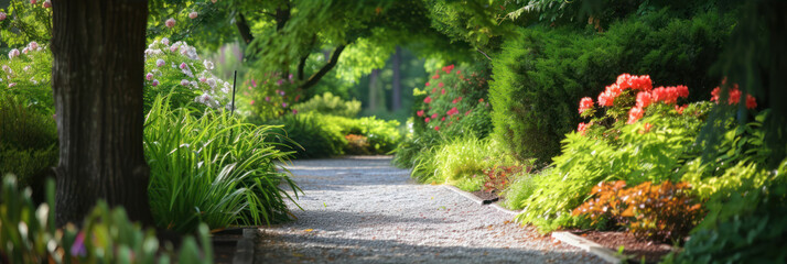 Panorama of beautiful summer garden with blooming flowers and path.