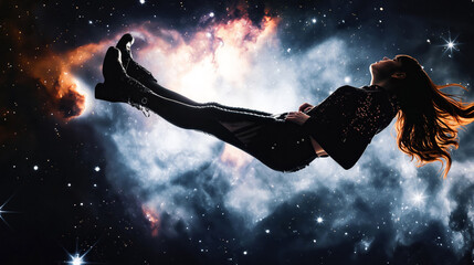 Obraz na płótnie Canvas A beautiful woman floating in space, wearing black tights and high heels, against the background of galaxies