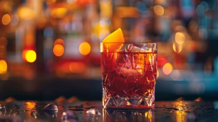 Negroni cocktail on bar background. Glass of alcoholic drink