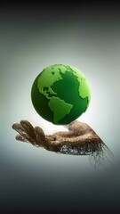 green planet earth on the hand.World Earth Day, Renewable and Sustainable Resources. Hand Gesture Levitating globe.