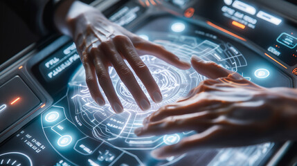 Close-up of hands interacting with a futuristic interface, a holographic display showing data and icons in a high-tech environment