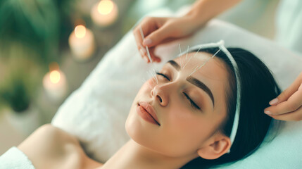 Fototapeta premium Beautiful woman getting a Facial Acupuncture with acupuncture needles on her face