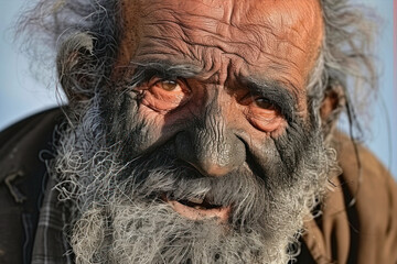 portrait of an old homeless man, dirty, bearded