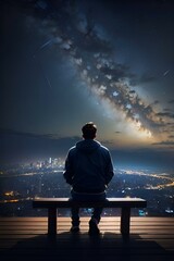 man sitting on a bench.Lonely Person Sitting on Bench Midnight Moonlight Scenery. Alone, Upset, Boyfriend Breakup on Valentine's Day Poster.