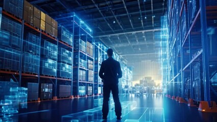 The back of a worker with a smart warehouse management system can identify package picking and delivery. - Powered by Adobe