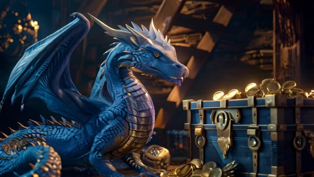Blue dragons guard treasure chests. 4k video