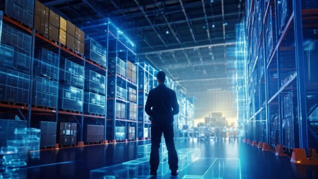 The back of a worker with a smart warehouse management system can identify package picking and delivery.