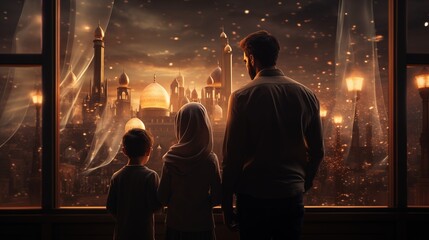 Father enjoying eid with his childarenA family of three, a father and two children, stand in front of a window at night looking out into an Arabic fantasy city with stars and palaces