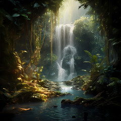 Fototapeta na wymiar A mystical waterfall in a hidden jungle.
