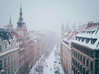 snowy day in Europe cityscape photography, Generative AI