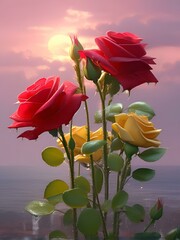 red and yellow roses on the water.Delicate Red Rose in Full Bloom.red roses in garden. Ai generative.