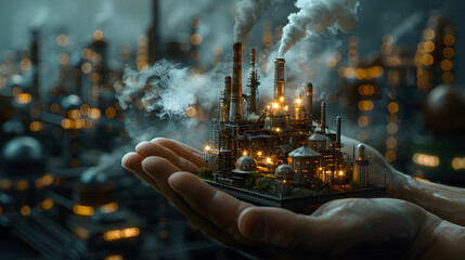 Hand of a businessman holding a miniature factory. Generative Ai