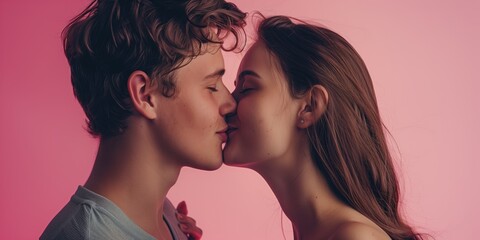 Romantic couple kissing each other on pink background, love, teen, cute, valentine, smile