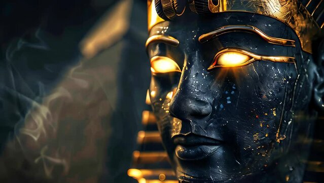 Dark stone statue with glowing eyes, representing an Egyptian god or pharaoh