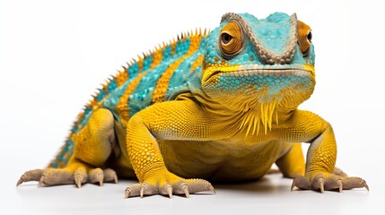 yellow and blue chameleon, full body, white background