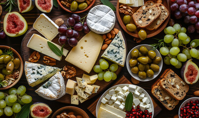Cheese platter seen from above with figs and grapes, nuts and olives. Festive dinner aperitif  - obrazy, fototapety, plakaty