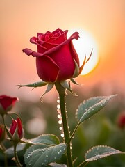 red rose with drops.single red rose.A single red rose with leaves and stems covered in dew,