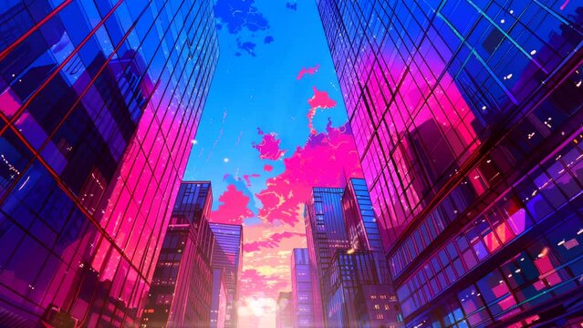 footage video a view of a city with tall buildings and a pink sky