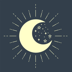Illustration of the moon with rays and stars. Magic moon horoscope illustration.