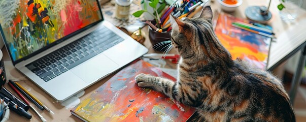 Cat Contemplating Artistic Chaos on Desk A curious cat surveys the vibrant mess of an artist's workspace, with a paint-splattered canvas and scattered art supplies framing a laptop screen.

 - obrazy, fototapety, plakaty
