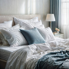 a bed with white sheets and blue pillows, a stock photo featured on shutterstock, postminimalism, stockphoto, stock photo, soft light