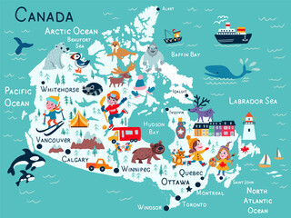 Canada map cartoon vector, American country geographic banner template, colorful illustration Canadian adventure, decorative travel card, sign attraction for design touristic poster, animal background
