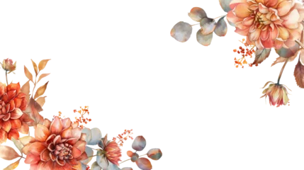 Foto op Aluminium Autumn floral corner border with dahlia, rose and eucalyptus leaves. Watercolor illustration png transparent © muhamad