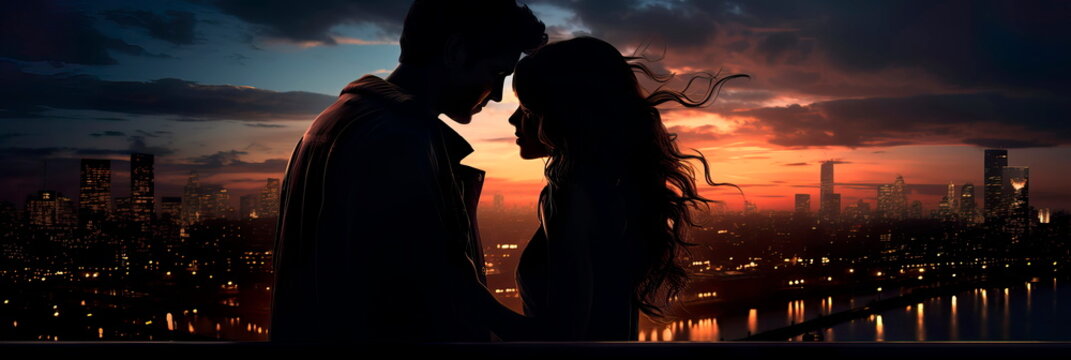 couple sharing a romantic moment on a city rooftop, with a stunning urban skyline in the background. Generative AI
