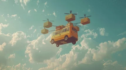 Foto op Canvas A flying car transporting goods through the skies © Premreuthai