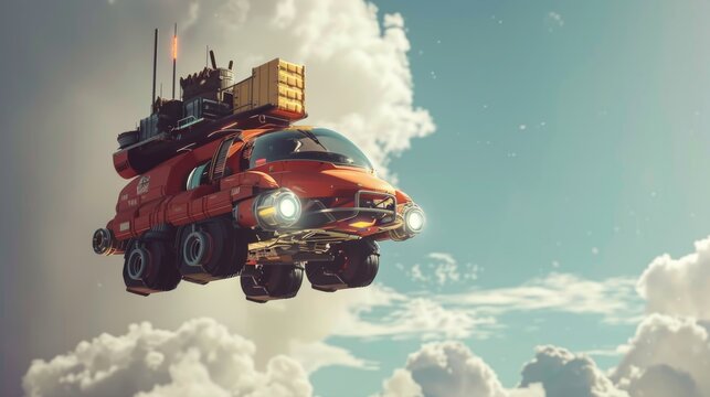 A flying car transporting goods through the skies
