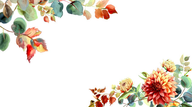 Autumn floral corner border with dahlia, rose and eucalyptus leaves Watercolor illustration