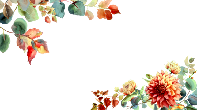 Autumn floral corner border with dahlia, rose and eucalyptus leaves Watercolor illustration