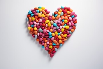 Colorful candies arranged in heart shape, vibrant, sweet treats.
