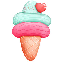 Watercolor ice cream in waffle cone, isolated on white background. Hand drawn illustration.