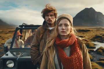 Adventurous couple with jeep, rugged landscape. Exploration, journey, wilderness