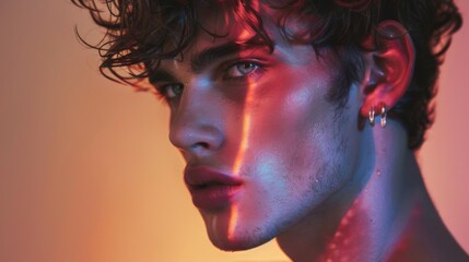 Portrait of a young man in neon colors. A highlight of color on the face. Chromatic aberration in fashion editorial.