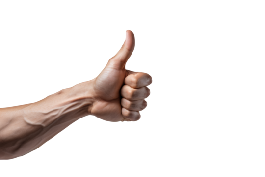 Human hand giving thumbs up, strong, positive gesture. Transparent background